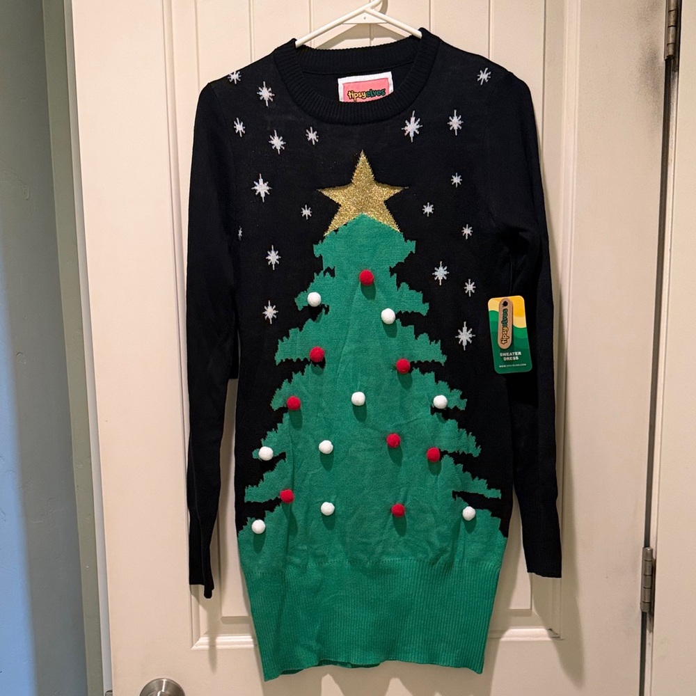 Tipsy Elves Black & Green Christmas Tree Sweater Dress with Pom Accent